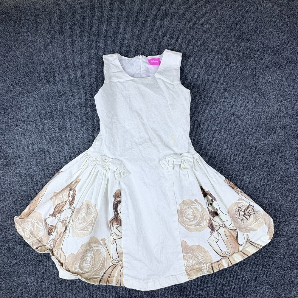 Disney MBC Beauty And The Beast Princess Belle Bow Dress Girls 6 Cream Graphic